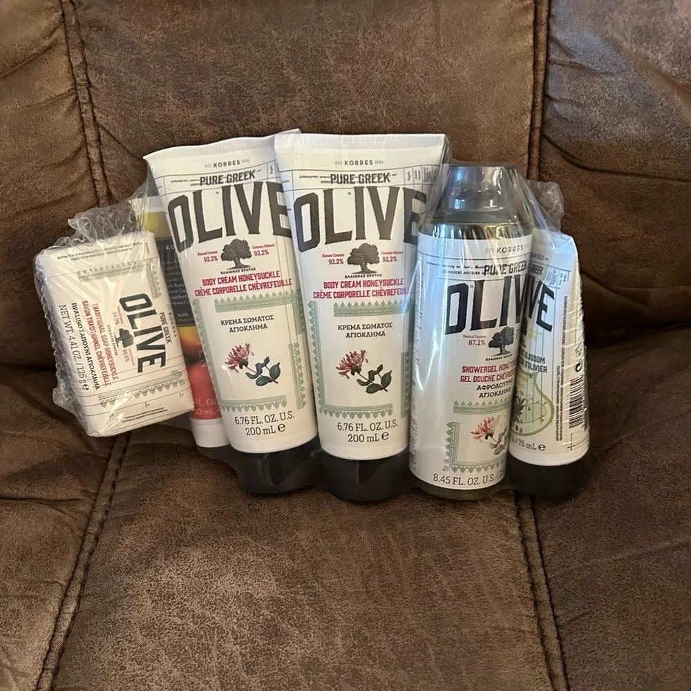 Set of 6 Korres pure Greek olive body cream, shower gel, soap, hand lotion
